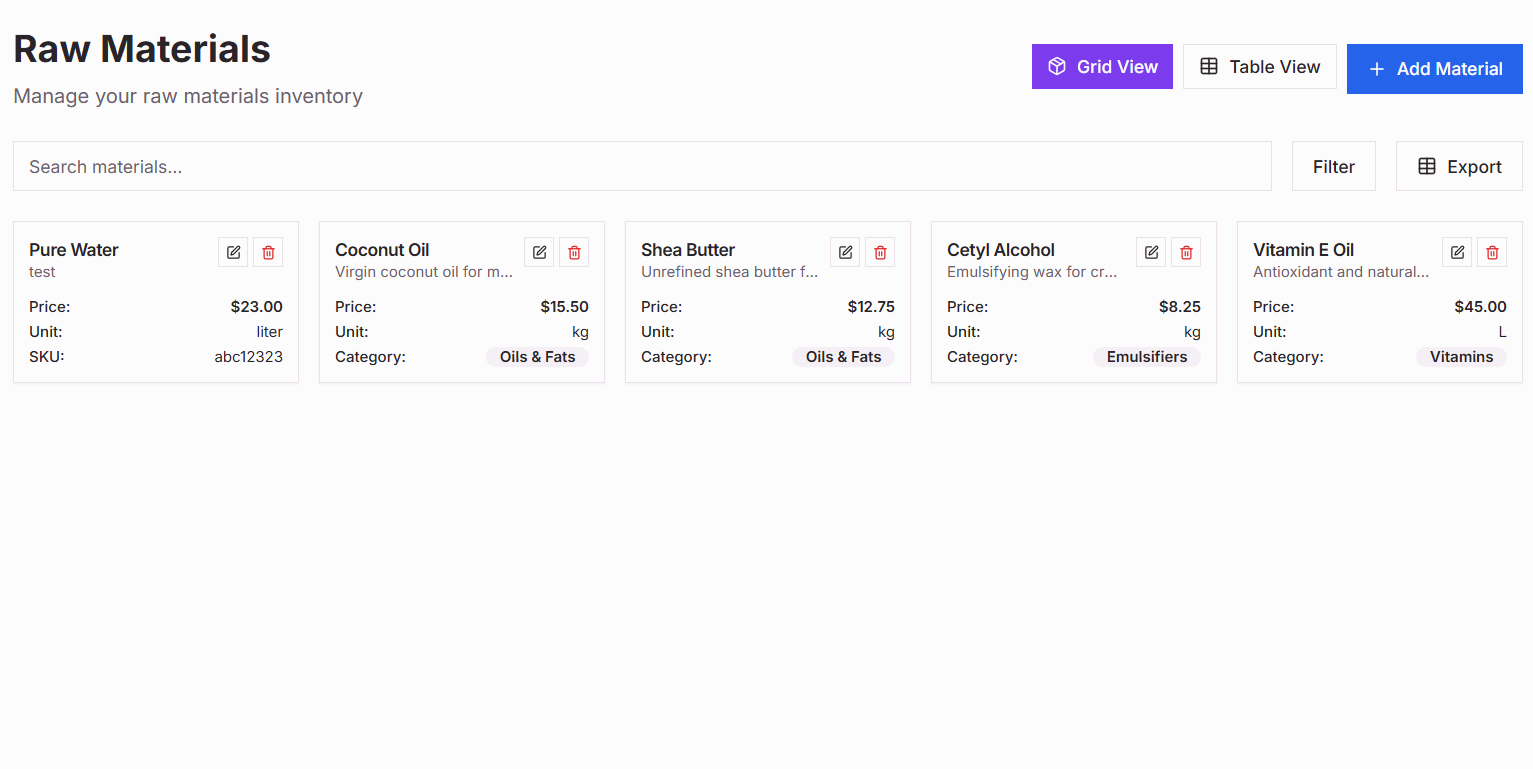 Raw Materials Grid View